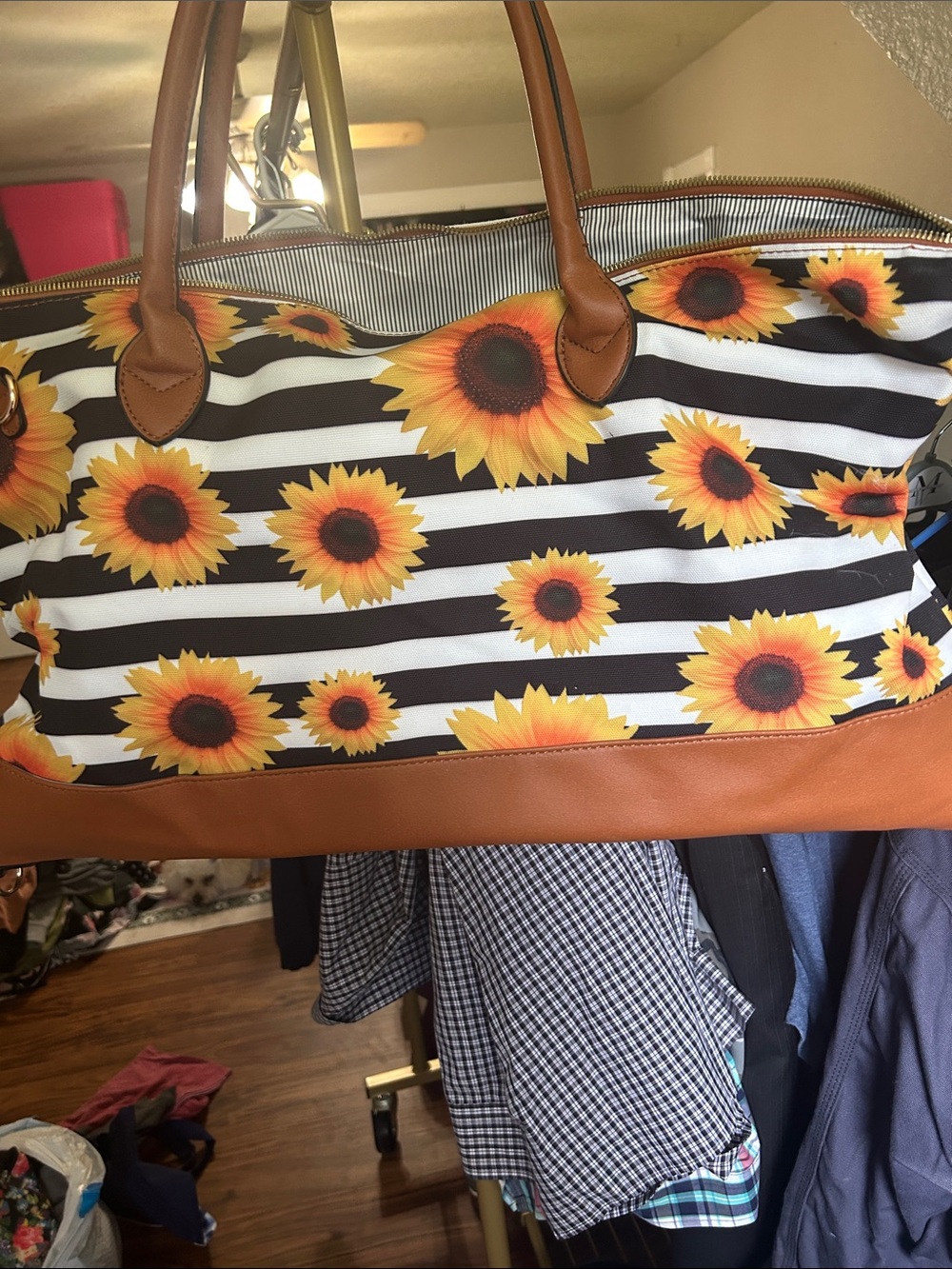 Sunflower Stripe Canvas Tote with Brown Trim
